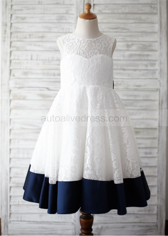 Ivory Lace Navy Blue Trim V Back Big Bow Knee Length Flower Girl Dress   Ivory Lace Navy Blue Trim V Back Big Bow Knee Length Flower Girl Dress